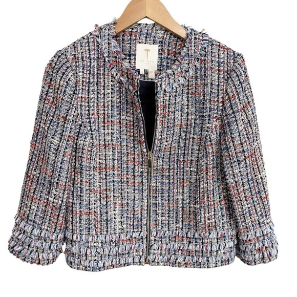 Ted Baker Tweed Fringe Full Zip Jacket Sz 3 - Picture 2 of 13